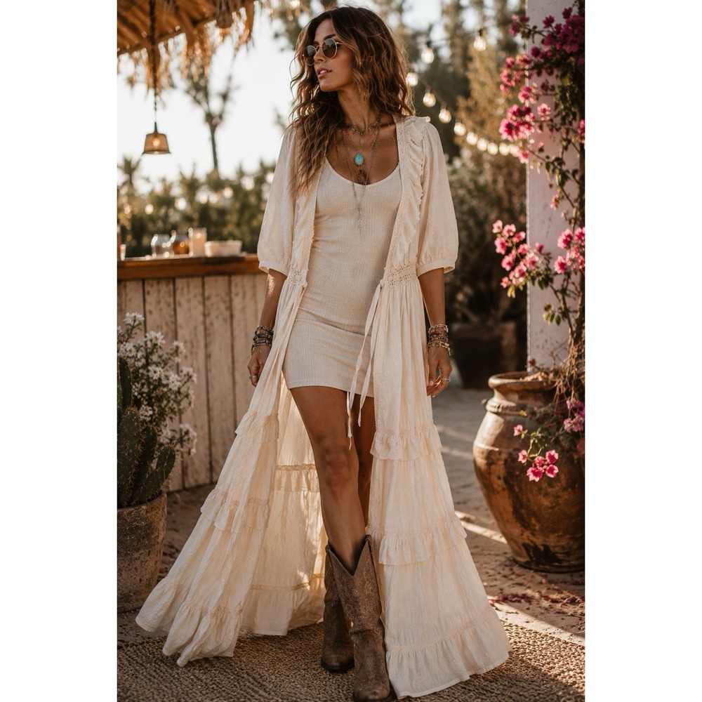 Anthropologie‎ Maeve Gauze Duster M Tie Front Ecru  Ruffle Maxi Cottagecore